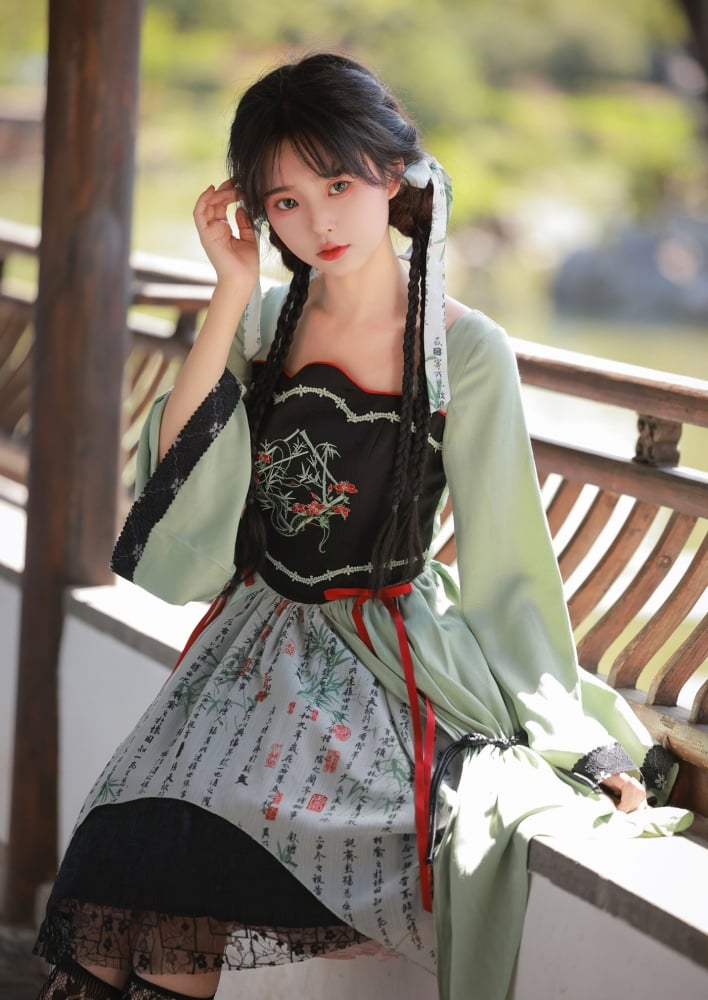 Green and Black Snake and Bamboo Embroidery Bodice Han Lolita Dress