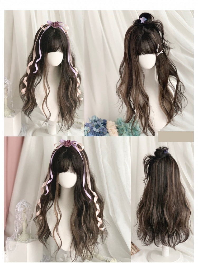 Highlight Hair Color Black and Light Brown Long Wavy Synthetic Wig