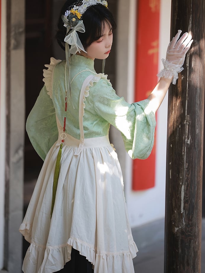 Calligraphy and Bamboo Print Green and Black Horse-face skirt Han Dress