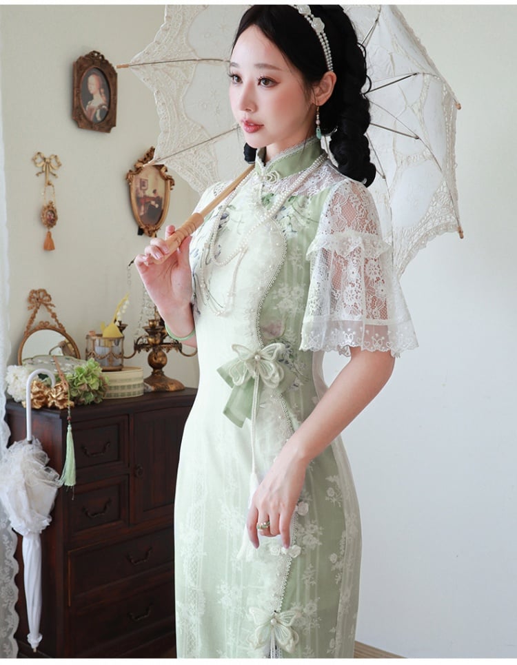 Light Green Figs and Floral Print Elegant Qipao Dress