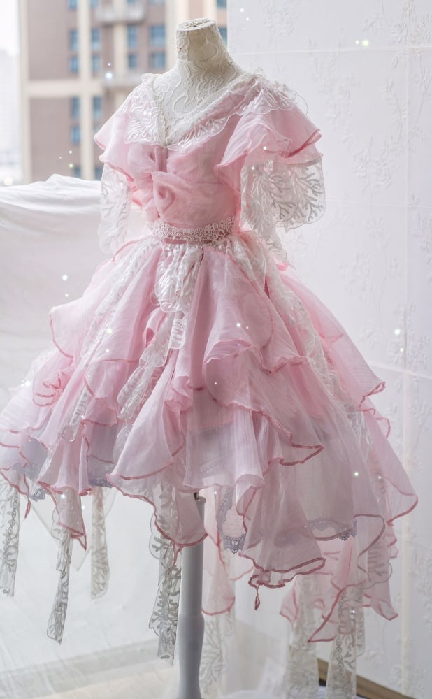 Fairycore Dress Full Set- Coral Embroidery Pink Princess Dress + Shell Tiara + Shell Wrist Cuffs