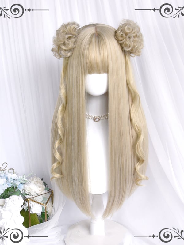 Beige Gold Long Straight Synthetic Wig with Full Bangs