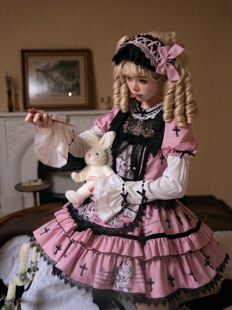 Black and Pink Cross and Bunny Print One Piece with Detachable Sleeves - Sukuroi