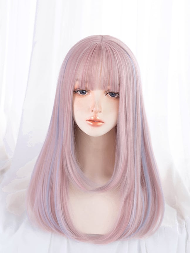 Sakura Pink Highlight Light Blue Straight Synthetic Wig