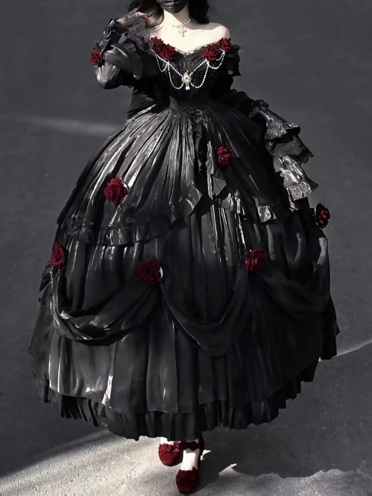 Black Gothic Roses Design Princess Basque Waist Quinceanera Dress - Sukuroi