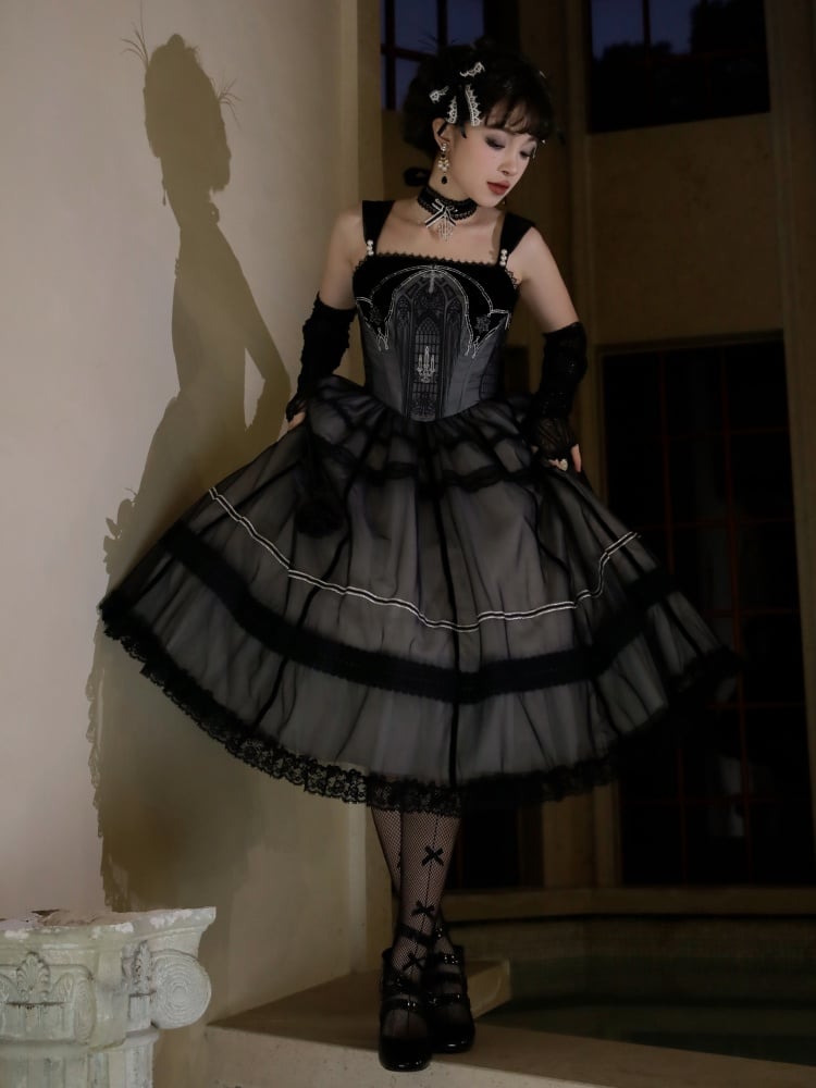 Black and Gray Church Window Embroidery Bodice Jumper Skirt - Sukuroi