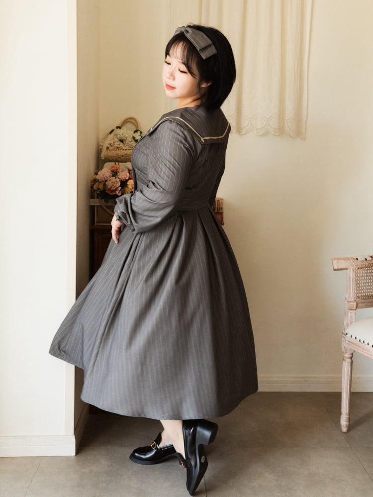 Gray Autumn Vintage Stripes Front Button Placket Dress