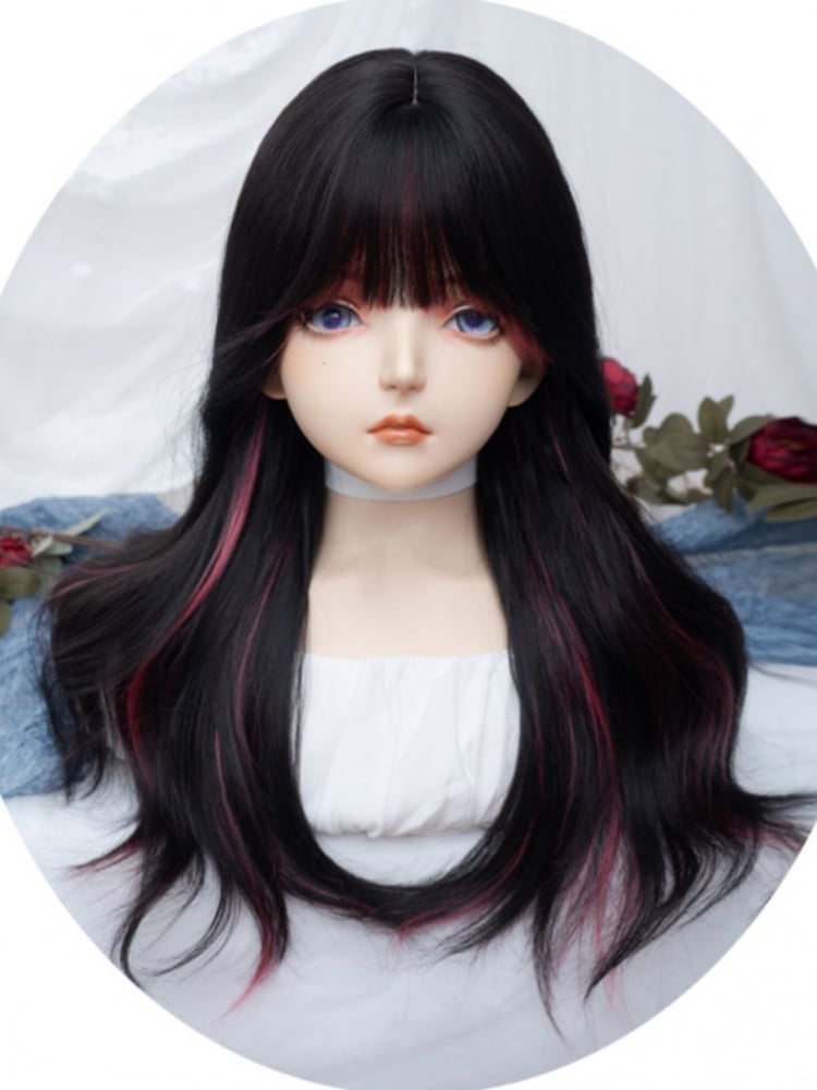 Rose Red Highlight and Black Long Wavy Synthetic Wig