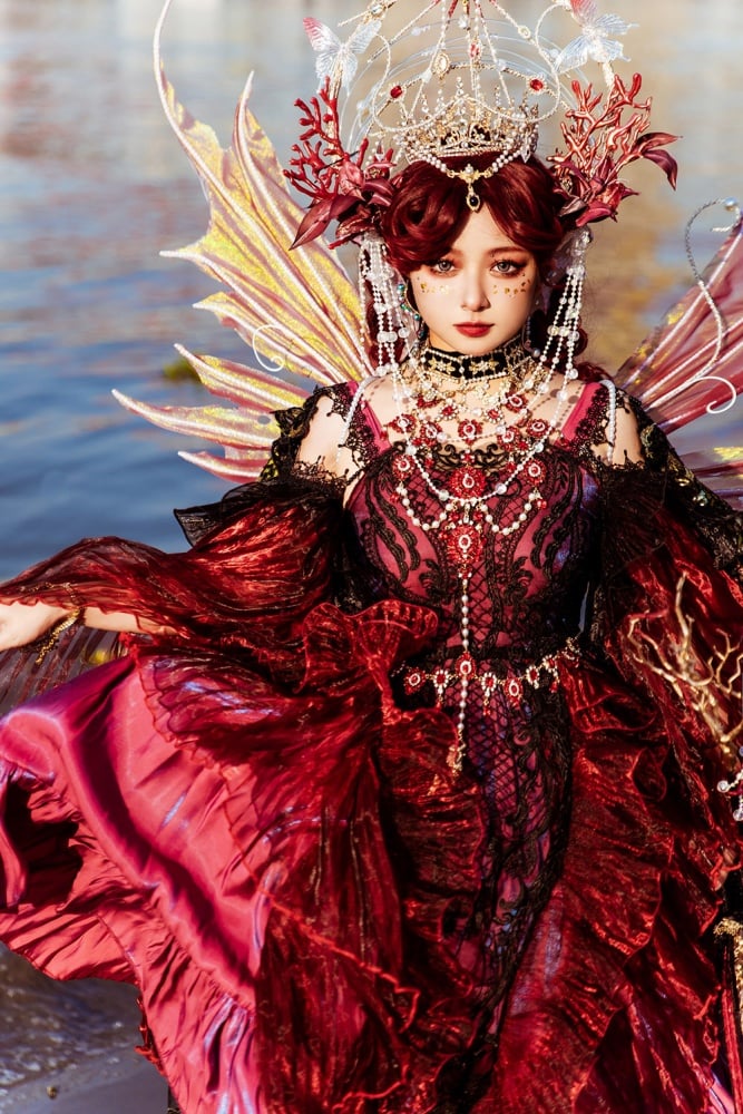 Red Gorgeous One Piece Detachable Sleeves Gothic Dress Full Set
