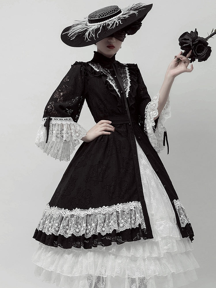 Freya Black and White Lace Ruffle Neckline Design Elegant One Piece