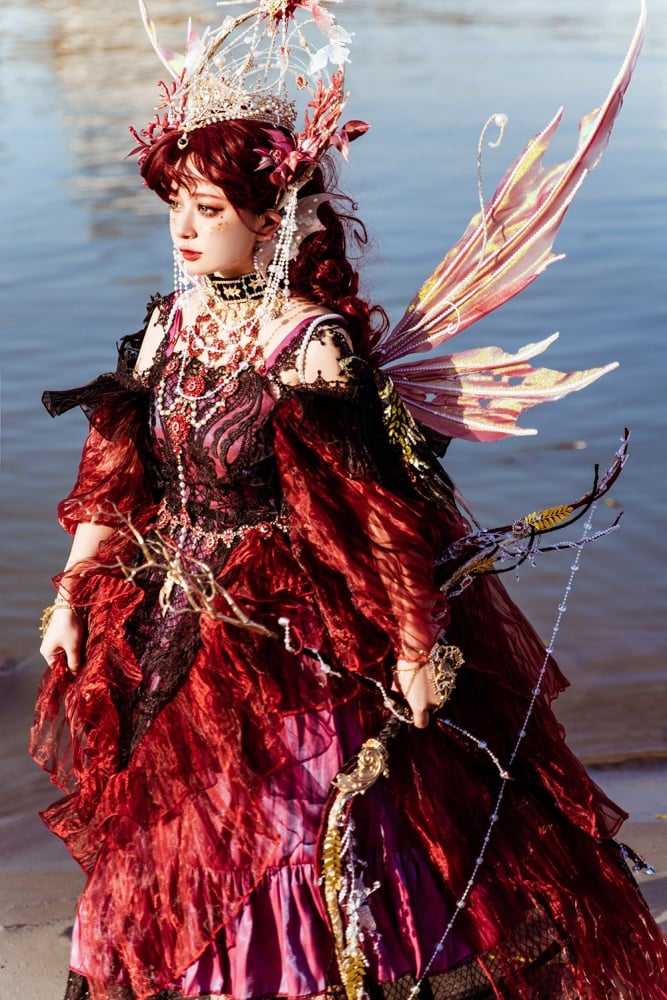 Red Gorgeous One Piece Detachable Sleeves Gothic Dress Full Set
