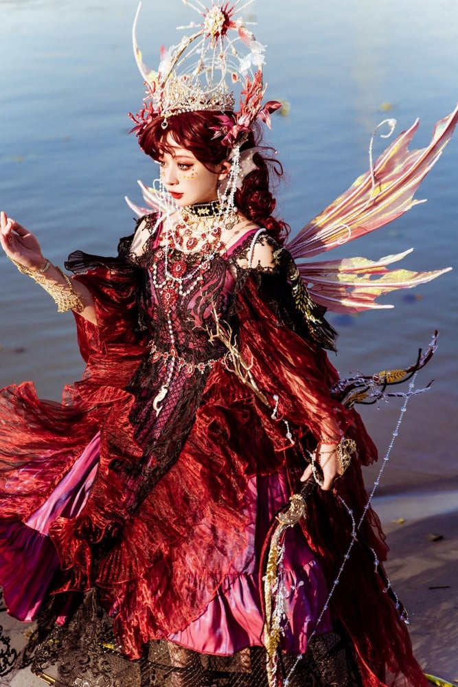 Red Gorgeous One Piece Detachable Sleeves Gothic Dress Full Set