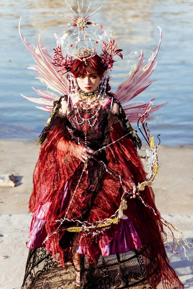 Red Gorgeous One Piece Detachable Sleeves Gothic Dress Full Set