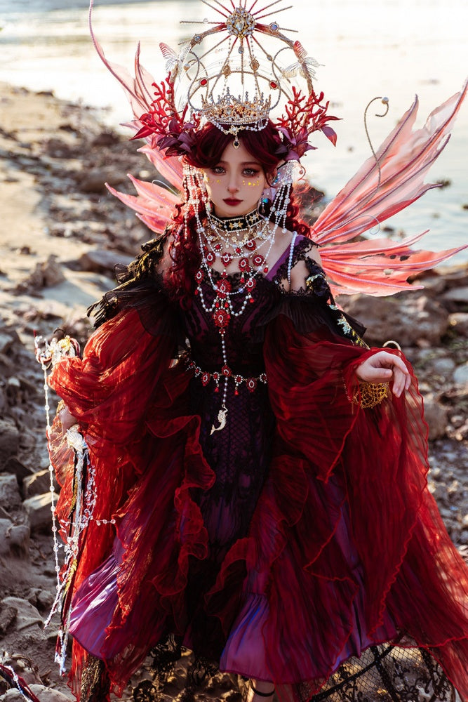Red Gorgeous One Piece Detachable Sleeves Gothic Dress Full Set