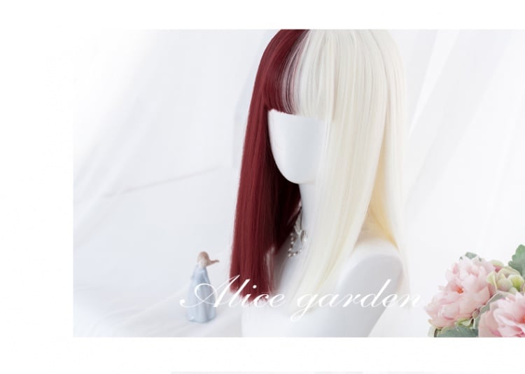 Absurd Paradise Half Red and Half White Long Synthetic Wig With Bangs
