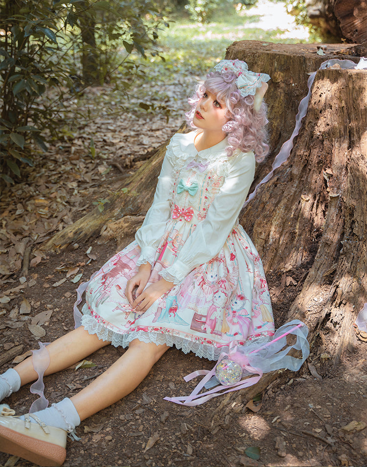 Ivory Kitty Tea Party Square Neckline Bowknots Detail Prints Lolita KC/ Overall Dress