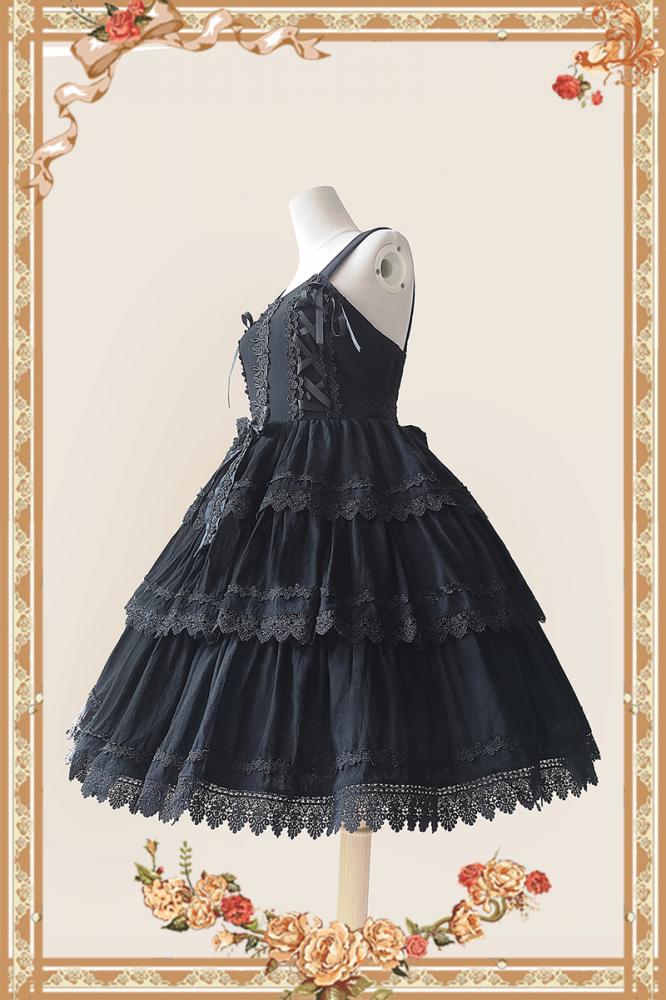 Side View of Black Cake Tree Tiered Flounce Skirt with Lace Detail