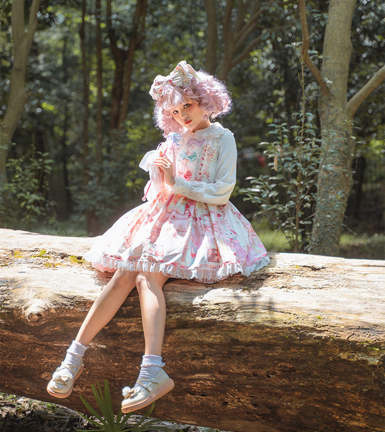 Ivory Kitty Tea Party Square Neckline Bowknots Detail Prints Lolita KC/ Overall Dress