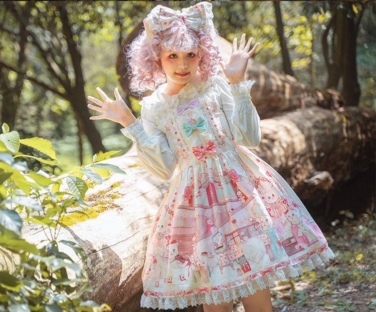 Ivory Kitty Tea Party Square Neckline Bowknots Detail Prints Lolita KC/ Overall Dress