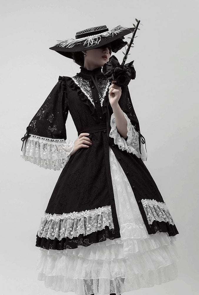 Freya Black and White Lace Ruffle Neckline Design Elegant One Piece