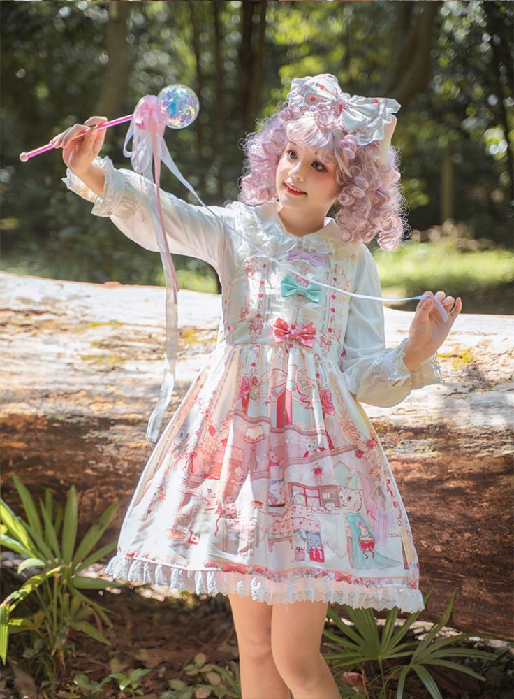 Ivory Kitty Tea Party Square Neckline Bowknots Detail Prints Lolita KC/ Overall Dress