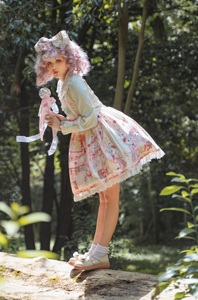 Ivory Kitty Tea Party Square Neckline Bowknots Detail Prints Lolita KC/ Overall Dress