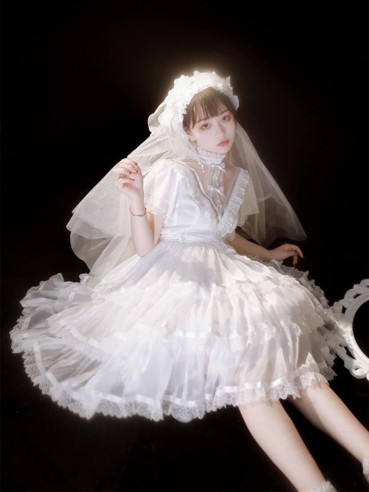 Dawn Night Banquet White Illusion Neckline Flounce Sleeves Tiered Skirt and Ruffle Trim Short Sleeves Lolita OP