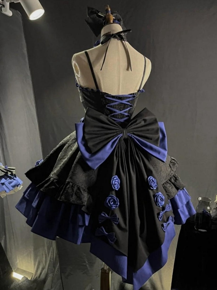 Black and Dark Blue Gothic Rosette Dress Basque Waist Jumper Skirt