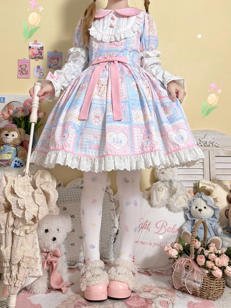 Blue Sweet Teddy and Bunny Print One Piece with Detachable Sleeves