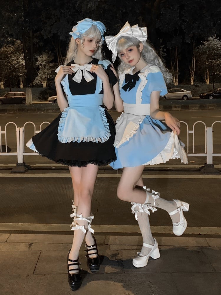 Black and Blue Maid Dress Apron Design One Piece