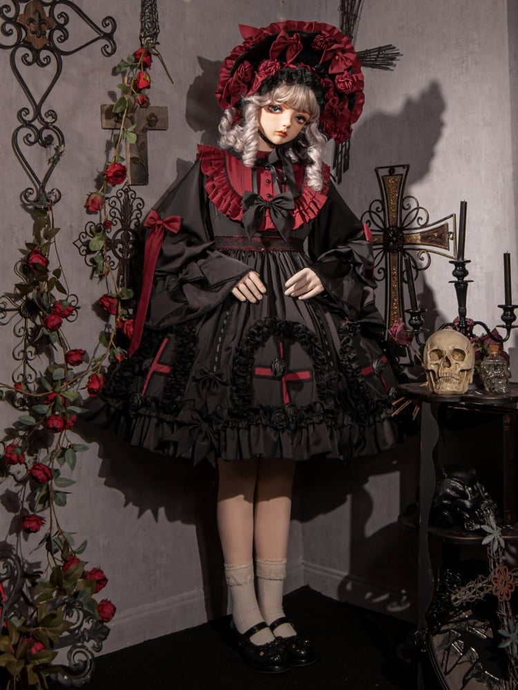 Black and Red Gothic Empire Waist One Piece Cross Pattern and Roses Hem