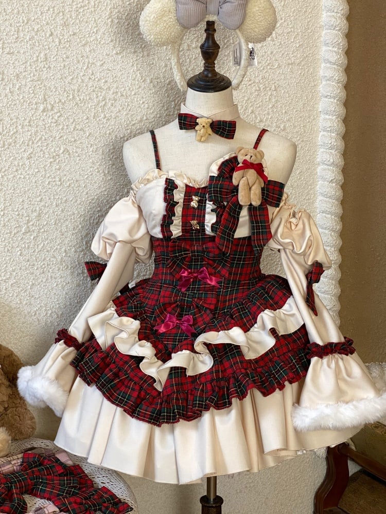 Christmas Red Plaid Pattern Teddy Theme Strapless Dress + Sleeves