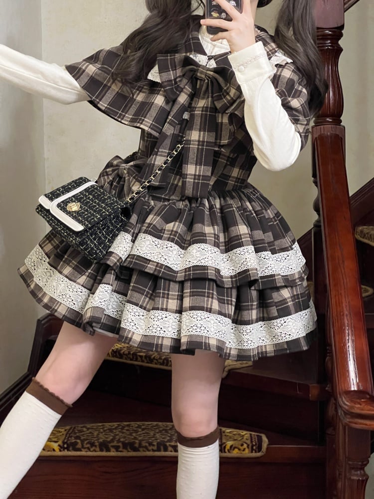 Brown Plaid Pattern Little Detective Jumper Skirt + Cape + Beret - Sukuroi