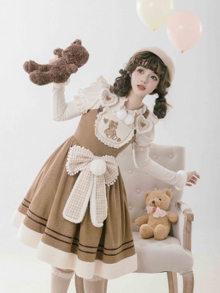 Brown Teddy Embroidery Corduroy Jumper Skirt with Big Plaid Bowknot - Sukuroi