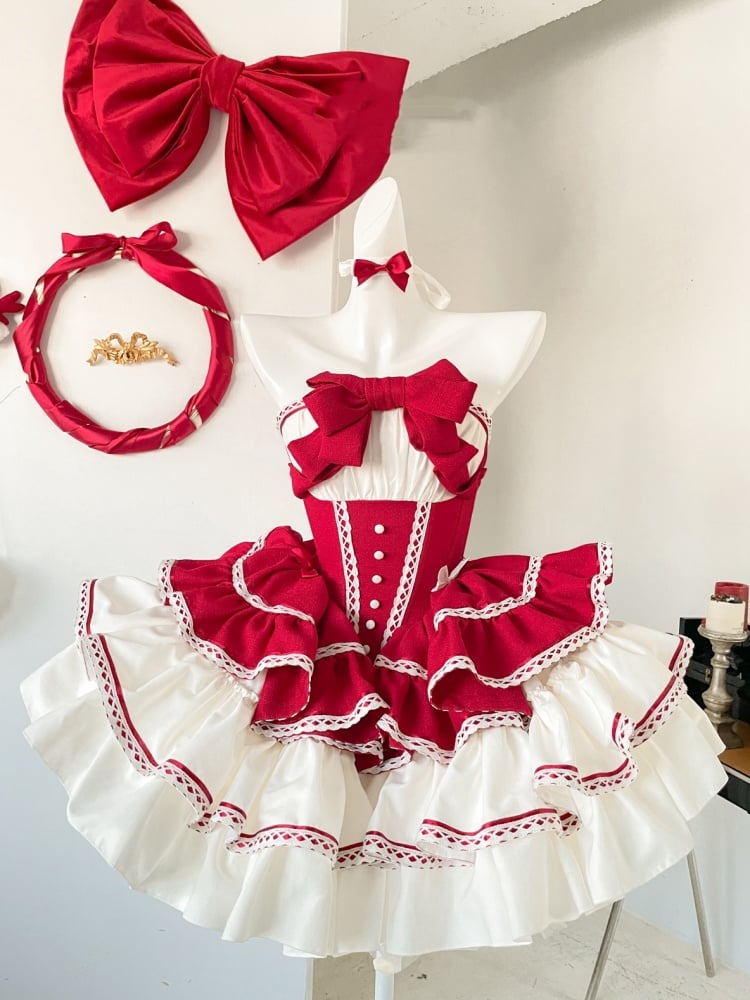 Christmas Puffy Dress White and Red Jumper Skirt Full Set