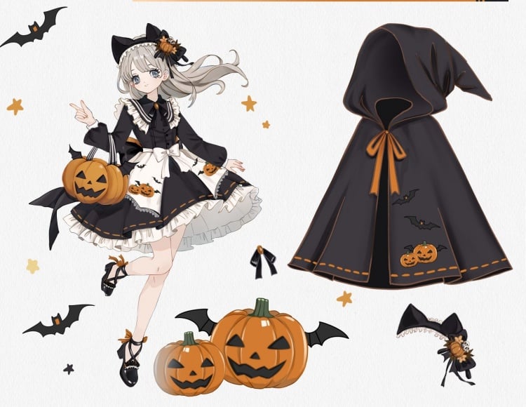 Halloween Sweet Witch Dress Full Set-Black One Piece+Pumpkin Embroidery Cape+White Apron+Bow Train