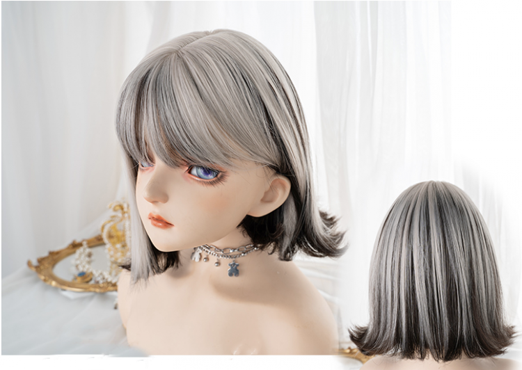 Clearance-Shoulder Length Straight Silver Black Highlight Hair Color Synthetic Wig