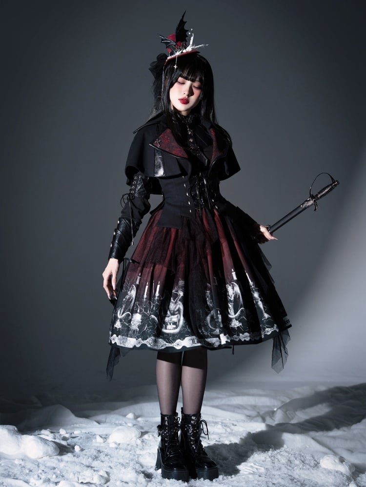 Dragon's Breath Black and Red Dragon and Candle Print Gothic Skirt with Straps - Sukuroi