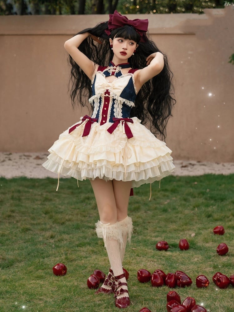 Dark Blue and Red Detachable Collar Qi Tiered Ruffles Jumper Skirt - Sukuroi