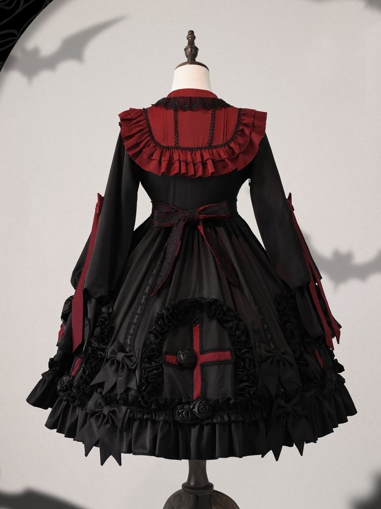 Black and Red Gothic Empire Waist One Piece Cross Pattern and Roses Hem