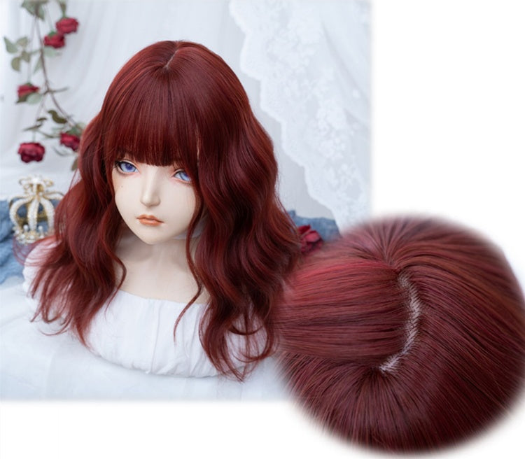 Full Bangs Medium Wavy Wine Red Synthetic Wig