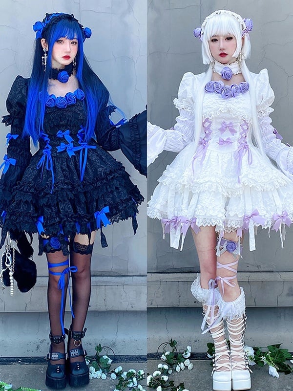 Black&Dark Blue Twins Short Puff Sleeves A-line Skirt Gothic One Piece Full Set