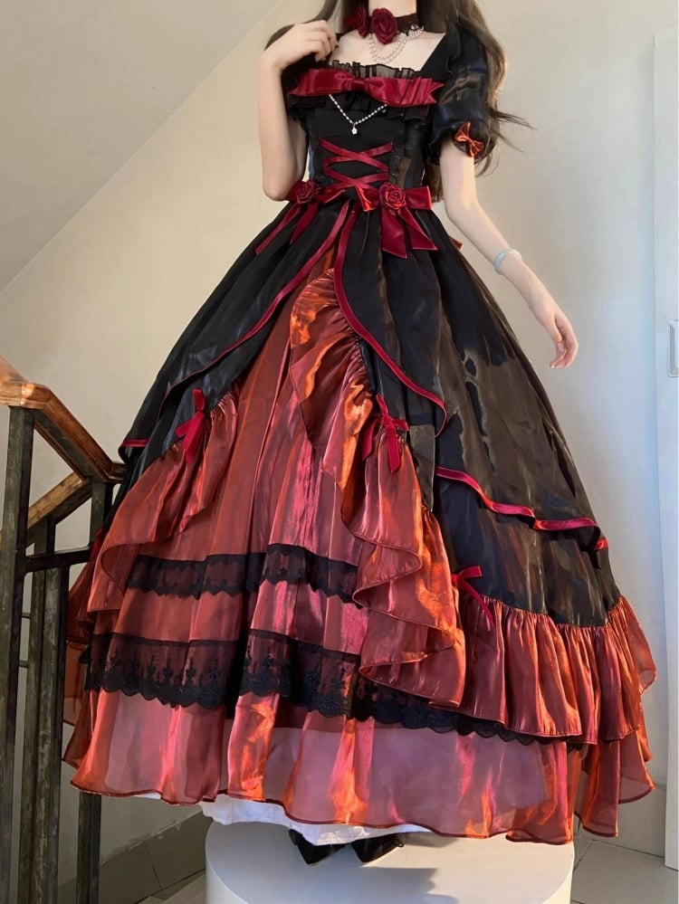 Black and Red Elegant Princess Dress Puff Sleeves Gorgeous One Piece