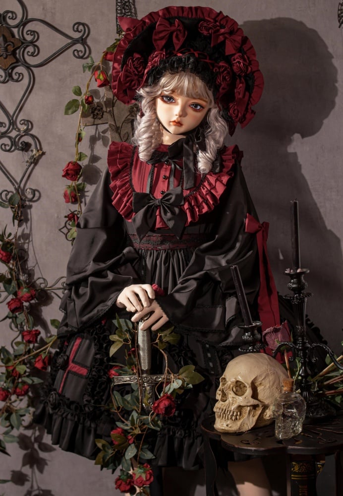 Black and Red Gothic Empire Waist One Piece Cross Pattern and Roses Hem