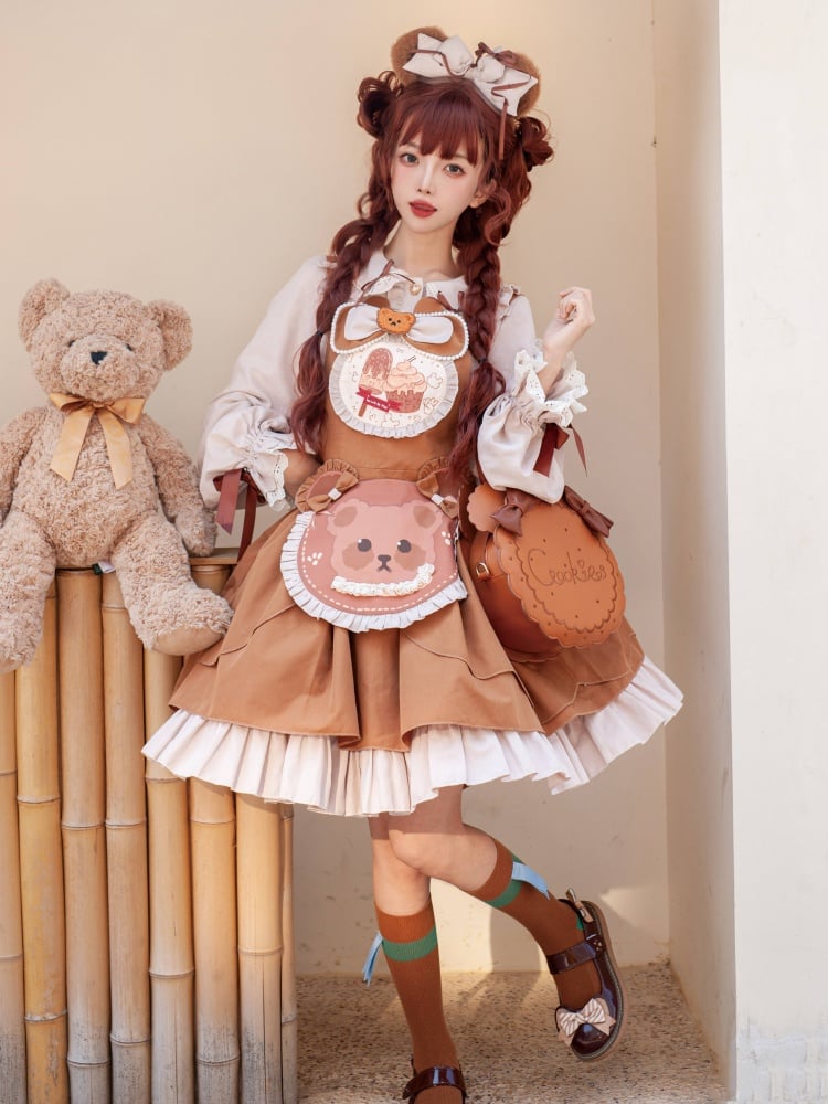 Brown Bear Print Apron Jumper Skirt + Blouse Set with Free KC