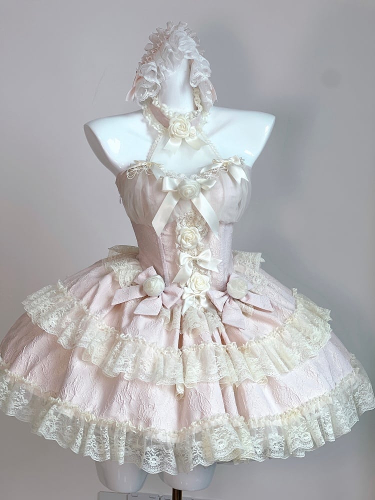 Floral Design Fairy Princess Light Pink Lace Trim Prom Dress