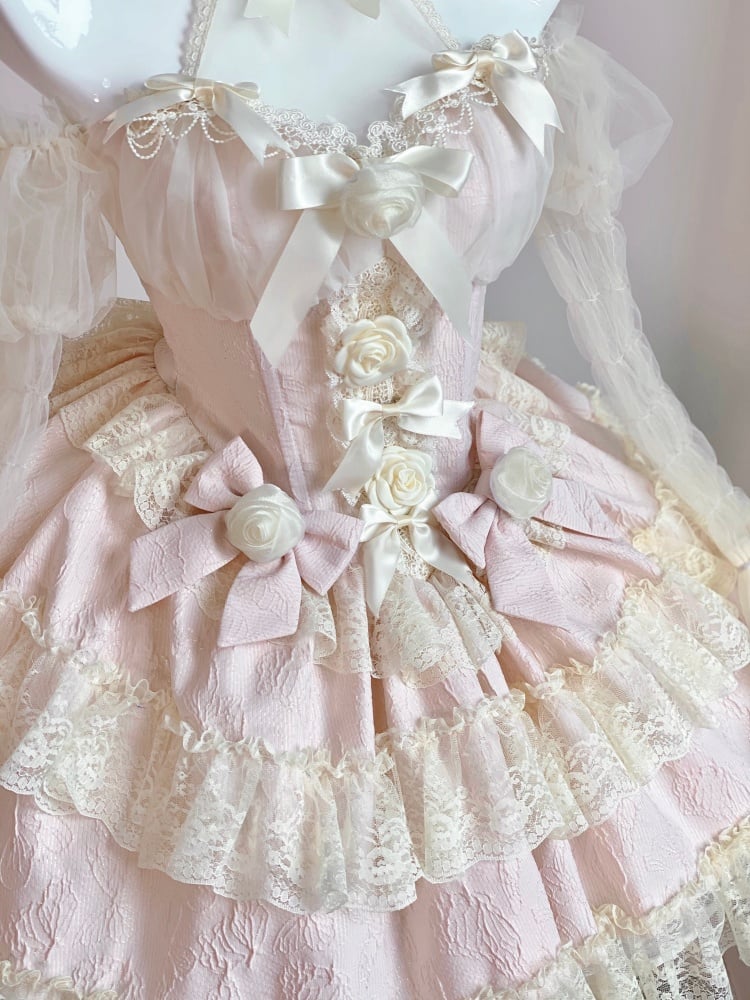 Floral Design Fairy Princess Light Pink Lace Trim Prom Dress