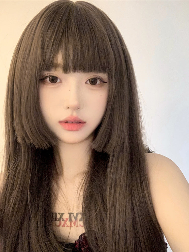 Hime Cut Dark Brown Long Straight Synthetic Wig