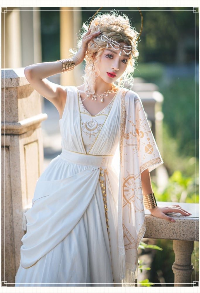 Greek Myth Inspired Elegant Dress Midi Length White Jumper Skirt