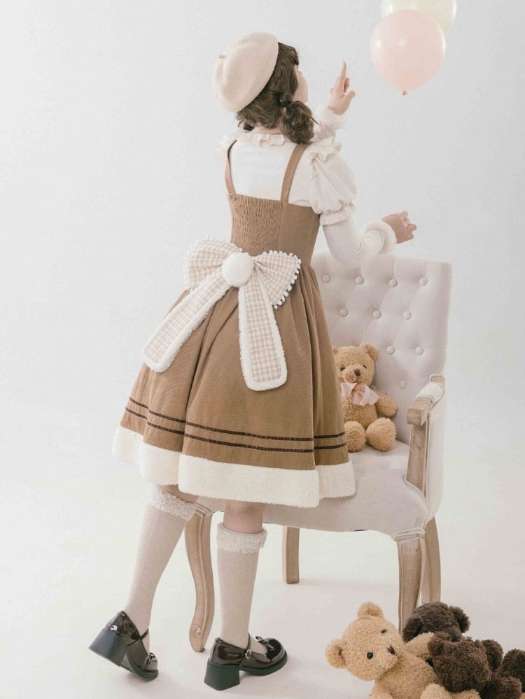 Brown Teddy Embroidery Corduroy Jumper Skirt with Big Plaid Bowknot - Sukuroi